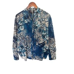 Johnny Was Blue Floral Paisley Button Down Blouse Womens Medium Mixed Print